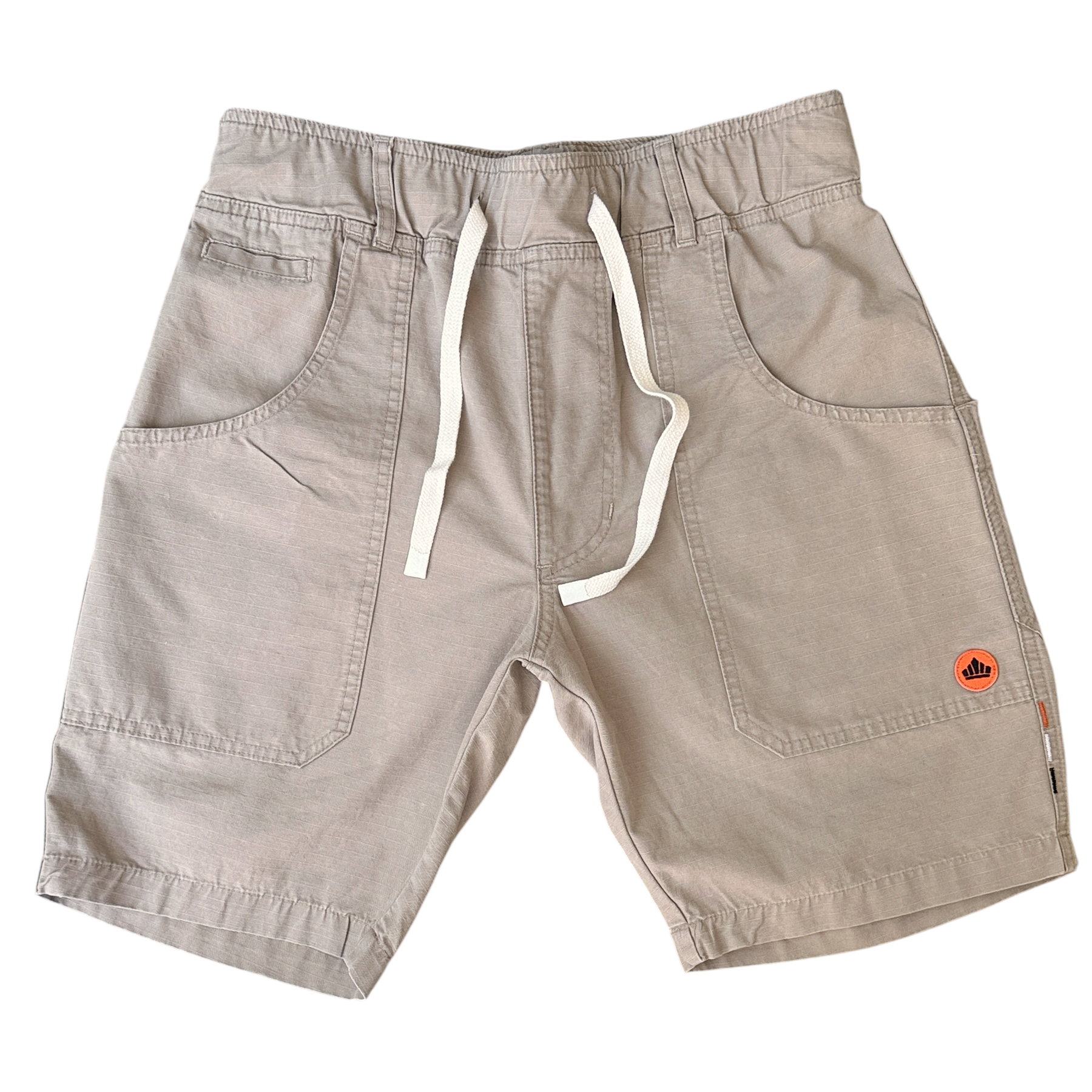 Beige shorts with drawstring on a white background